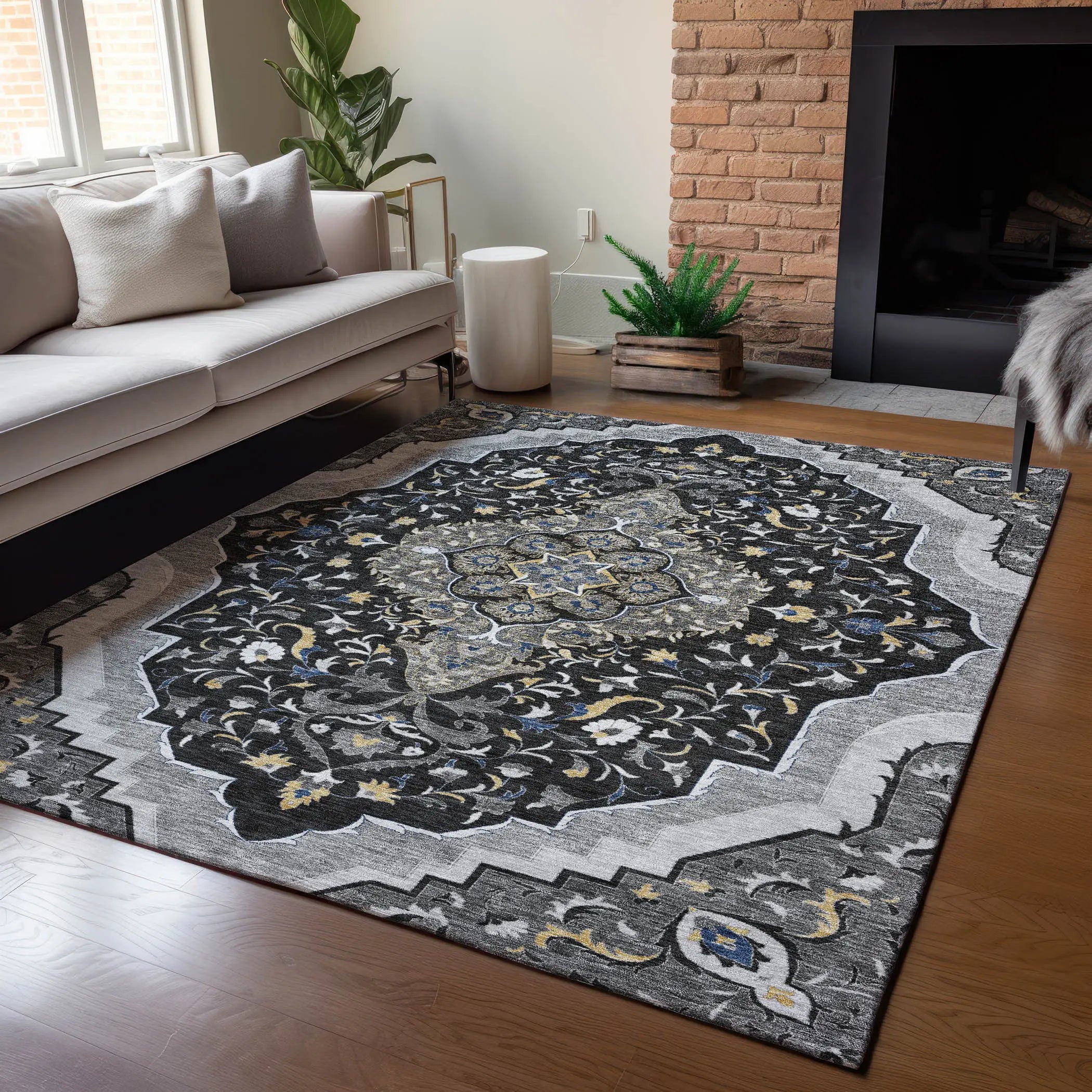 5' X 8' Black And Orange Medallion Washable Indoor Outdoor Area Rug Homeroots Outdoor