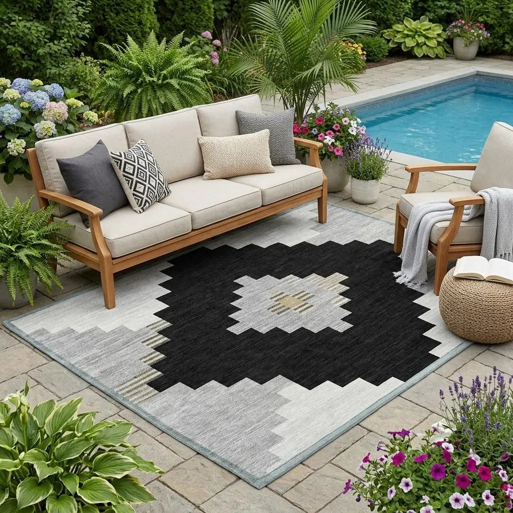 5' X 8' Black And Silver Geometric Washable Indoor Outdoor Area Rug Homeroots Outdoor
