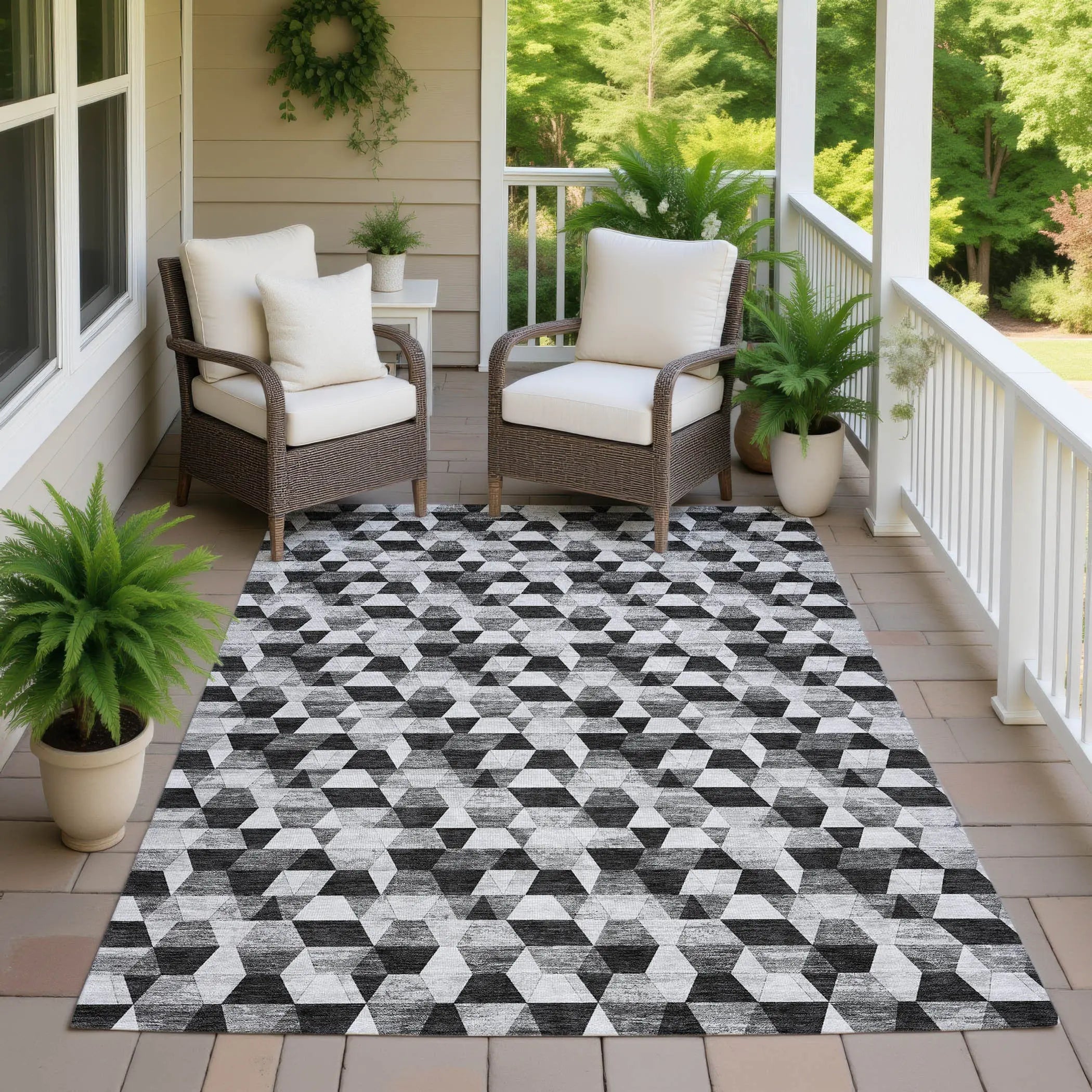 5' X 8' Black And Wheat Geometric Washable Indoor Outdoor Area Rug Homeroots Outdoor