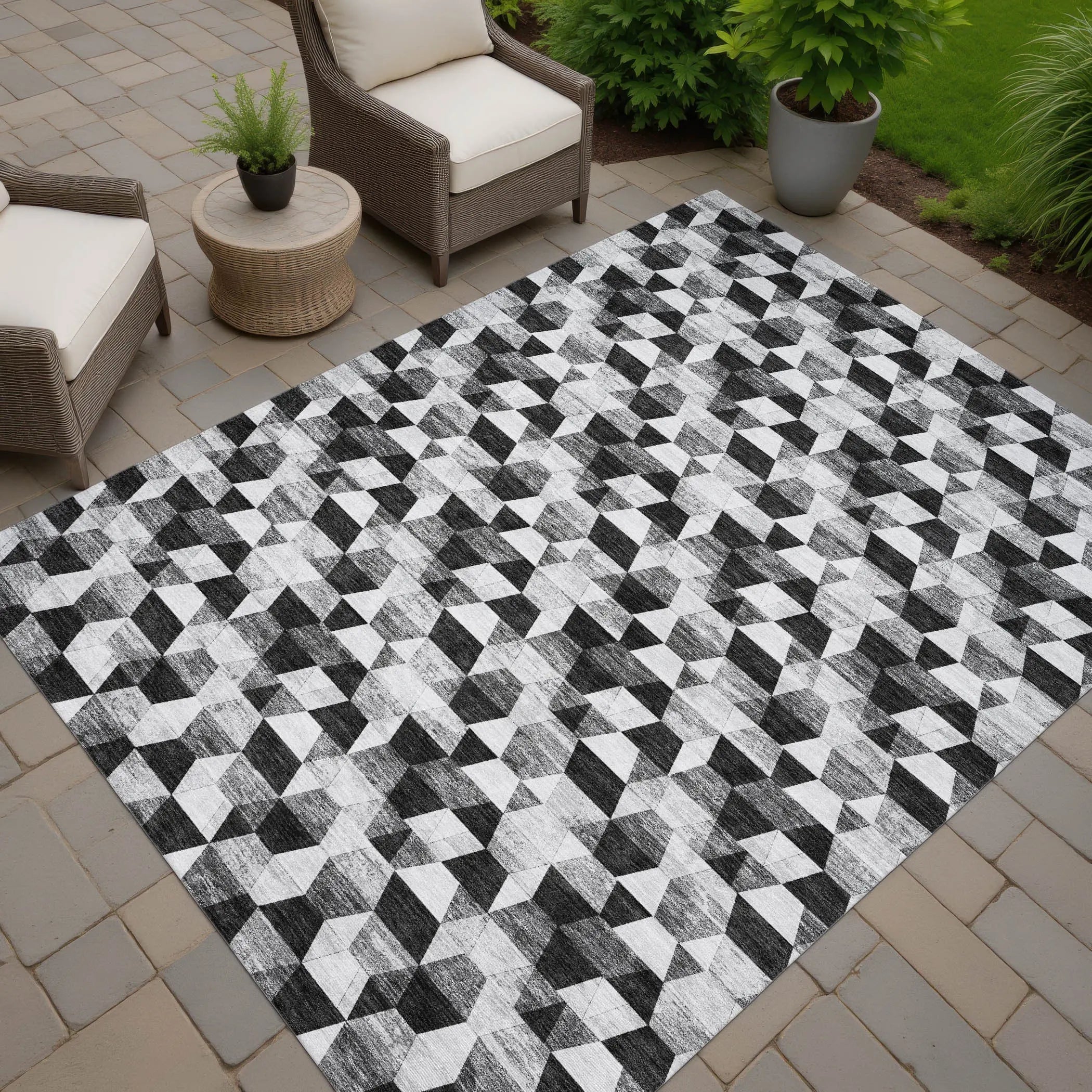5' X 8' Black And Wheat Geometric Washable Indoor Outdoor Area Rug Homeroots Outdoor