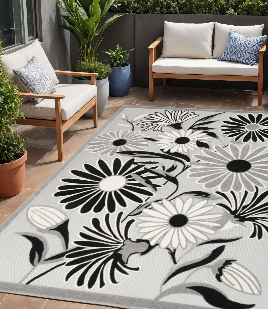5' X 8' Black And White Floral Stain Resistant Non Skid Area Rug Homeroots Outdoor