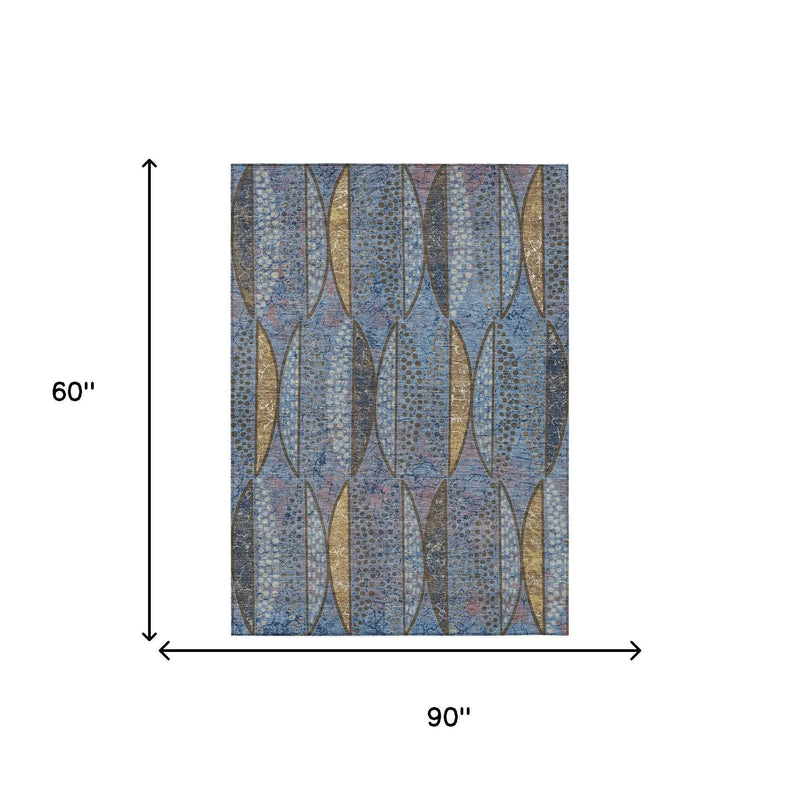 5' X 8' Blue And Brown Geometric Washable Indoor Outdoor Area Rug Homeroots Outdoor