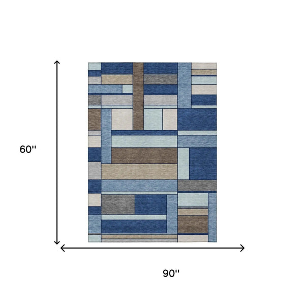 5' X 8' Blue And Chocolate Geometric Washable Indoor Outdoor Area Rug Homeroots Outdoor