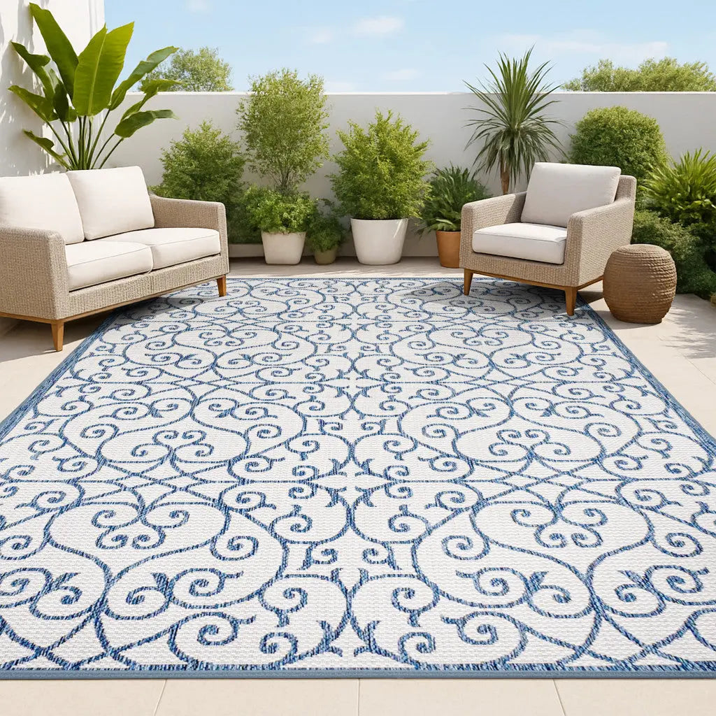 5' X 8' Blue And Cream Geometric Indoor Outdoor Area Rug Homeroots Outdoor