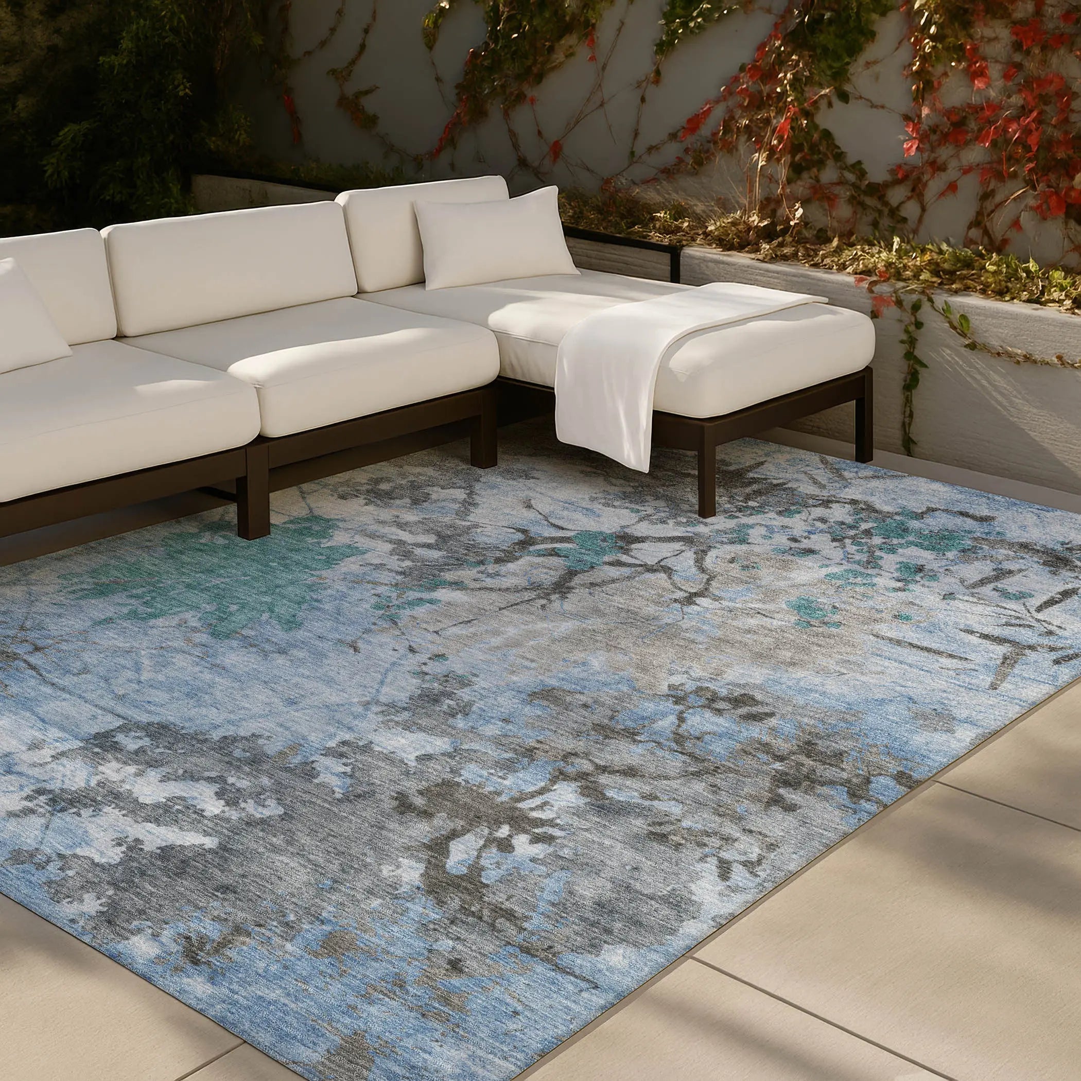 5' X 8' Blue And Gray Abstract Washable Indoor Outdoor Area Rug Homeroots Outdoor