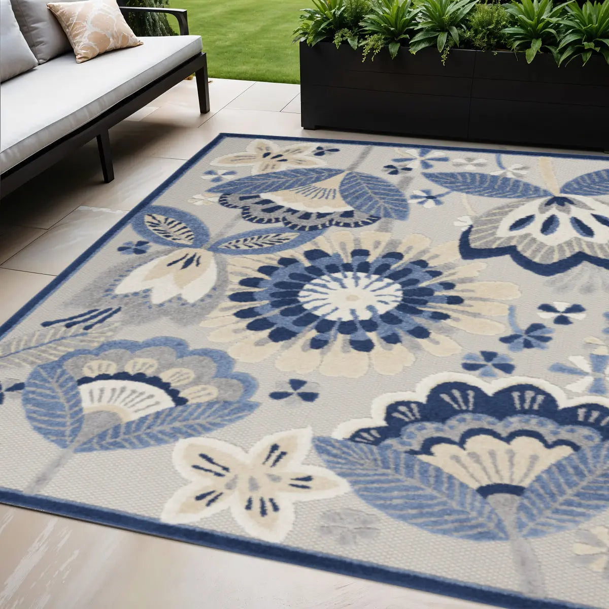 5' X 8' Blue And Gray Floral Indoor Outdoor Area Rug Homeroots Outdoor