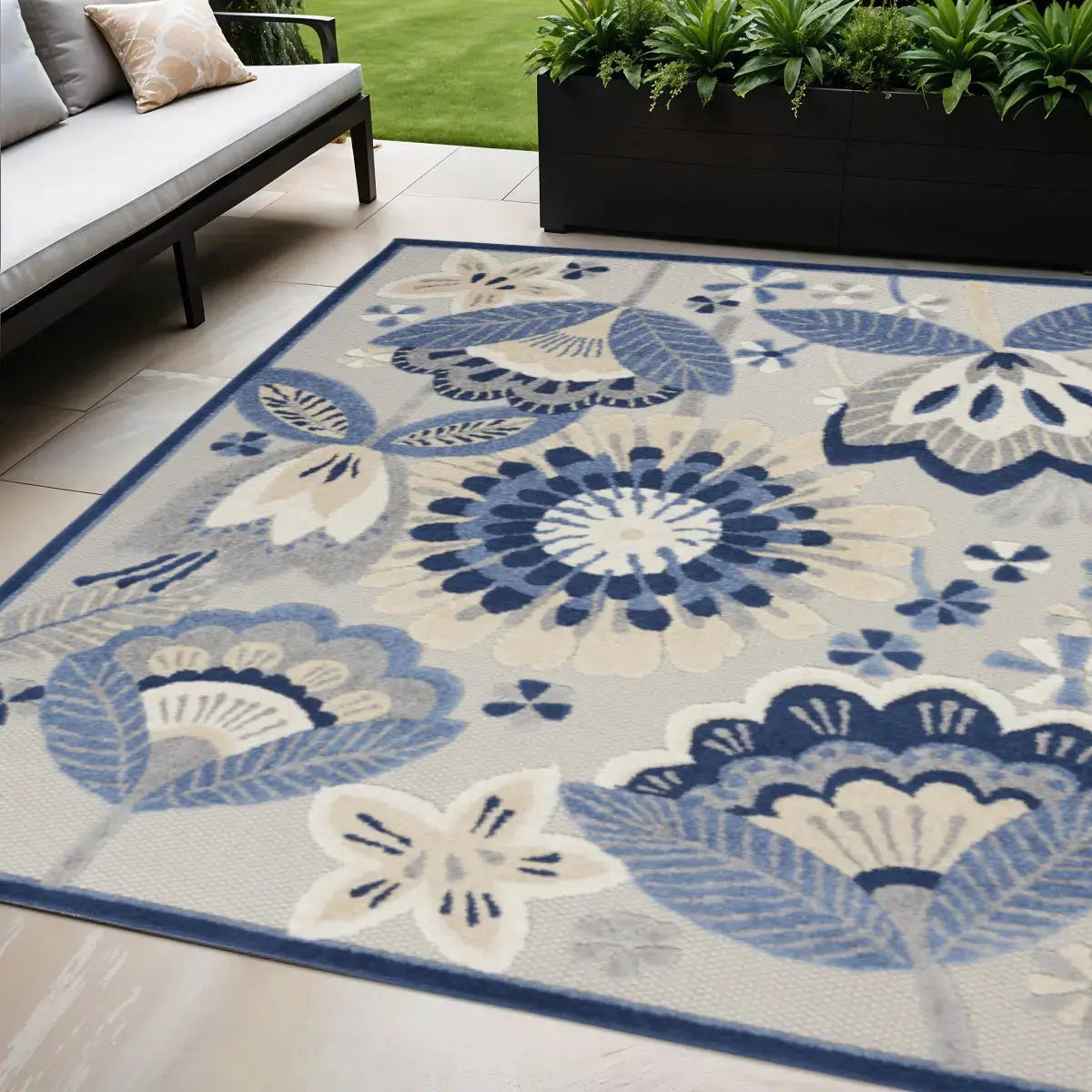 5' X 8' Blue And Gray Floral Indoor Outdoor Area Rug Homeroots Outdoor