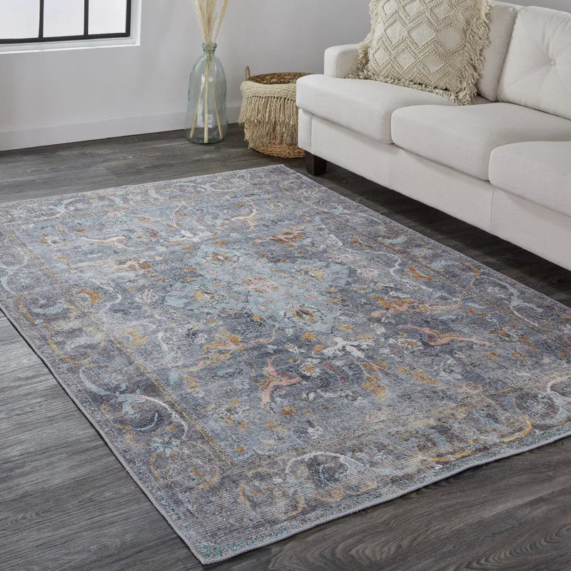 5' X 8' Blue And Gray Floral Medallion Area Rug Homeroots Home Decor