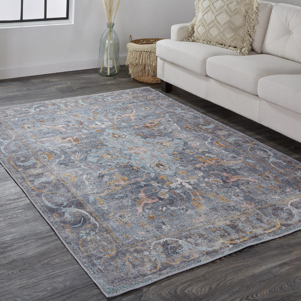 5' X 8' Blue And Gray Floral Medallion Area Rug Homeroots Home Decor