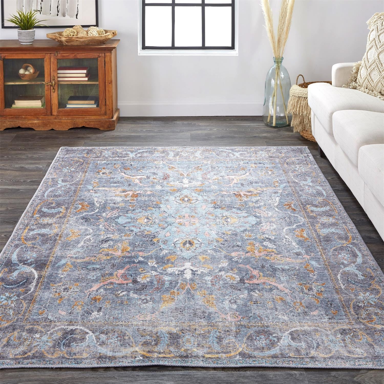 5' X 8' Blue And Gray Floral Medallion Area Rug Homeroots Home Decor