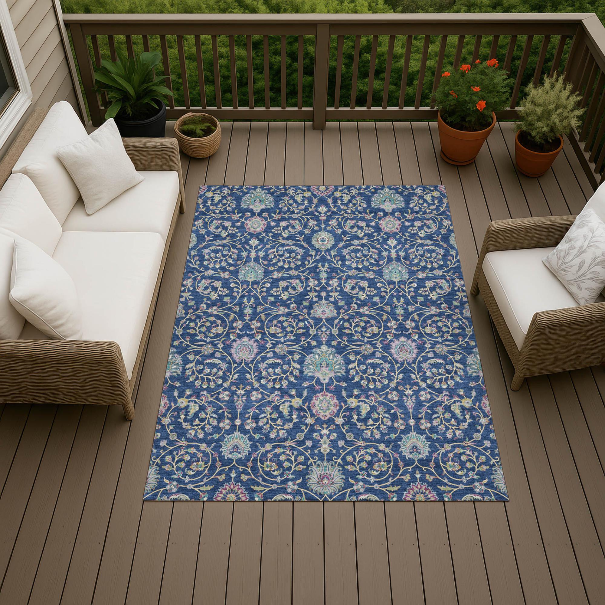 5' X 8' Blue And Gray Floral Washable Indoor Outdoor Area Rug Homeroots Outdoor