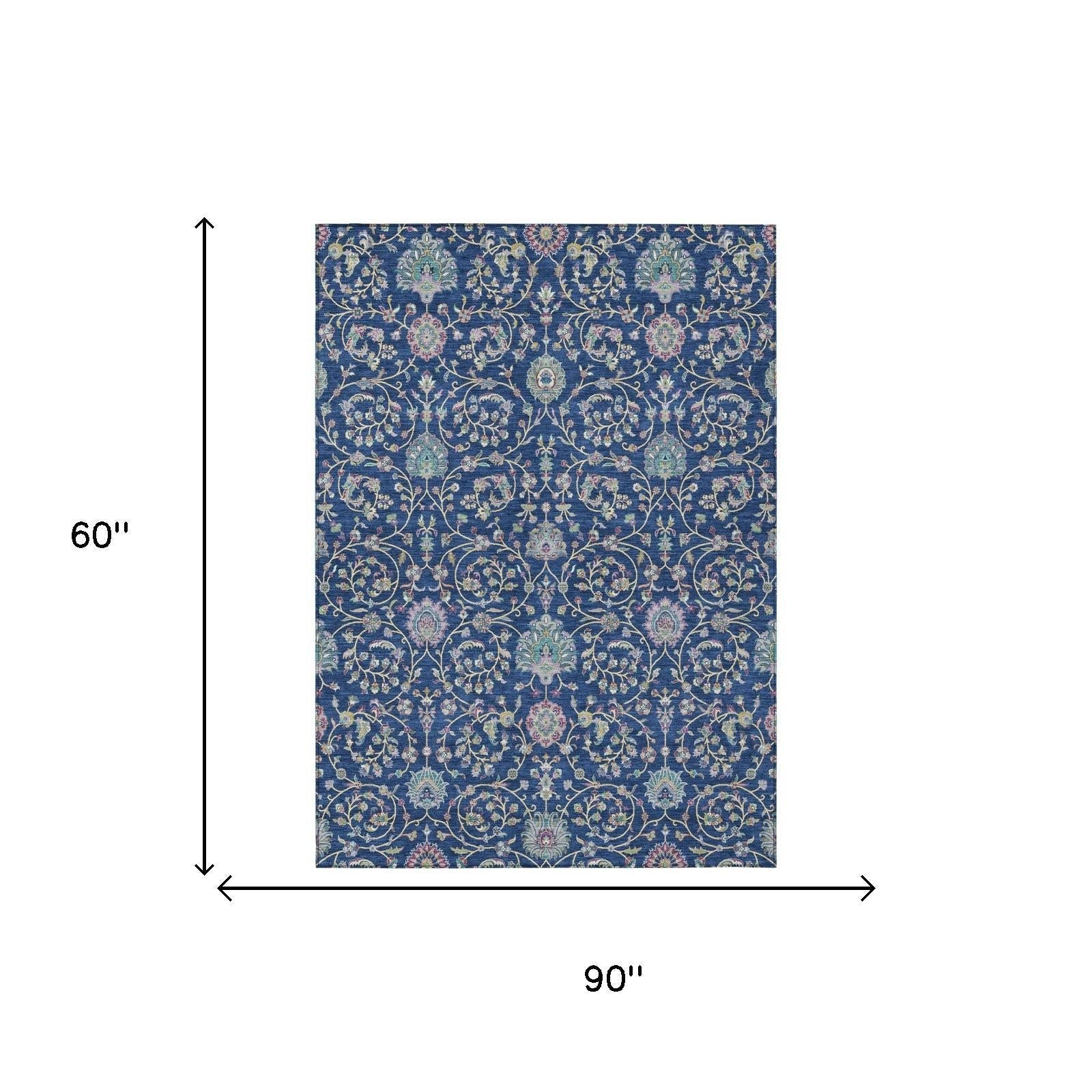 5' X 8' Blue And Gray Floral Washable Indoor Outdoor Area Rug Homeroots Outdoor