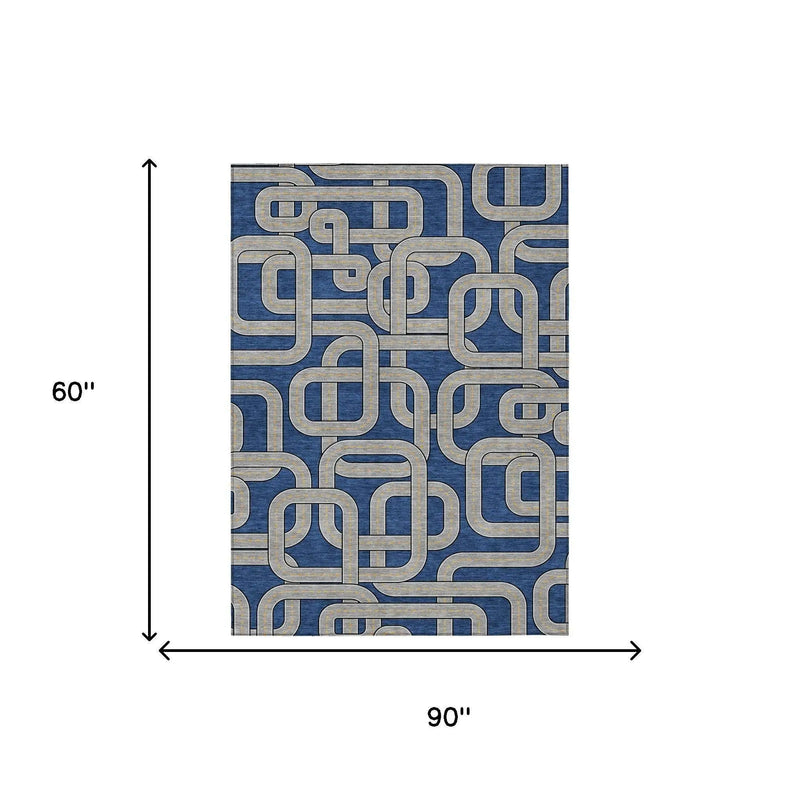 5' X 8' Blue And Gray Geometric Washable Indoor Outdoor Area Rug Homeroots Outdoor