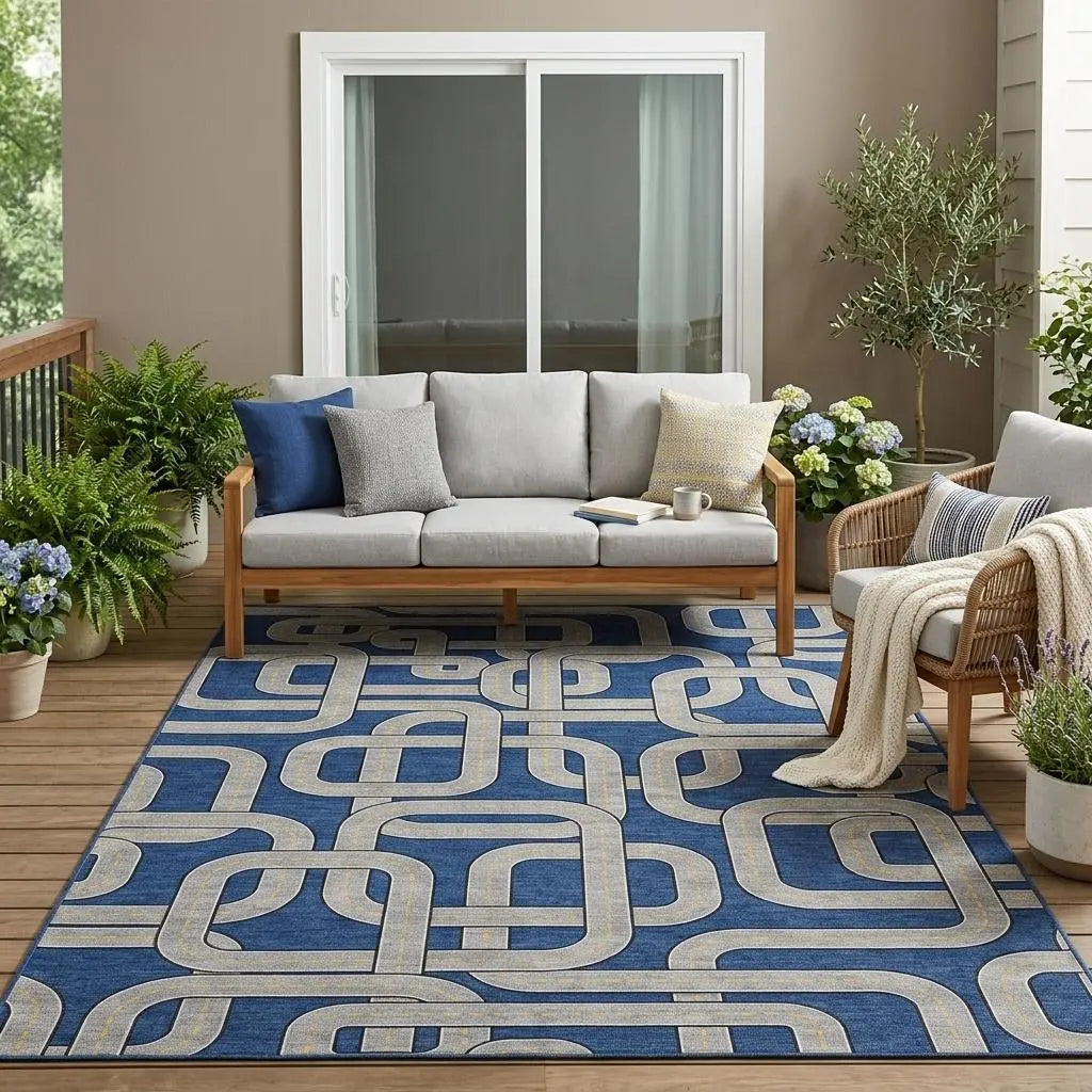 5' X 8' Blue And Gray Geometric Washable Indoor Outdoor Area Rug Homeroots Outdoor