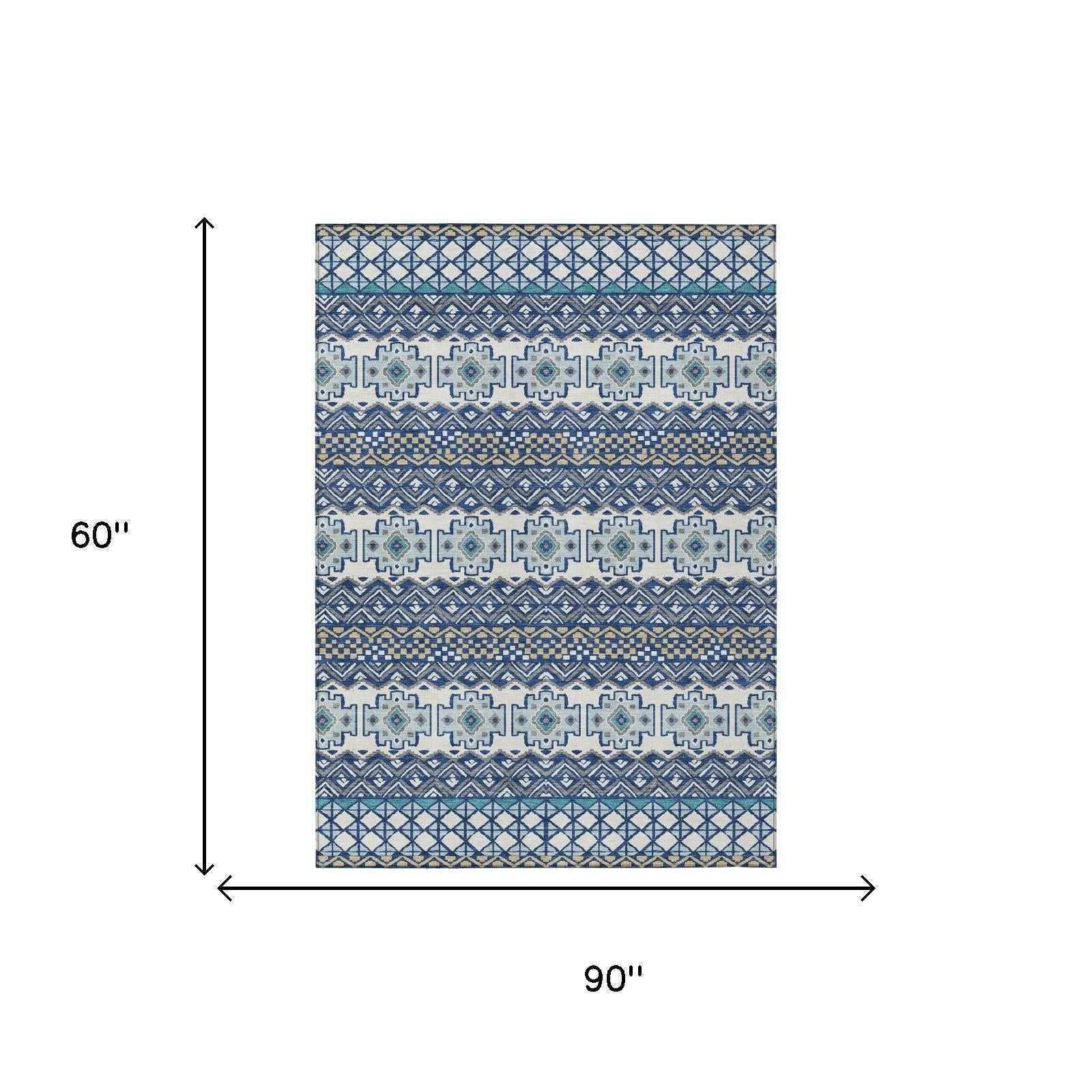 5' X 8' Blue And Gray Striped Washable Indoor Outdoor Area Rug Homeroots Outdoor