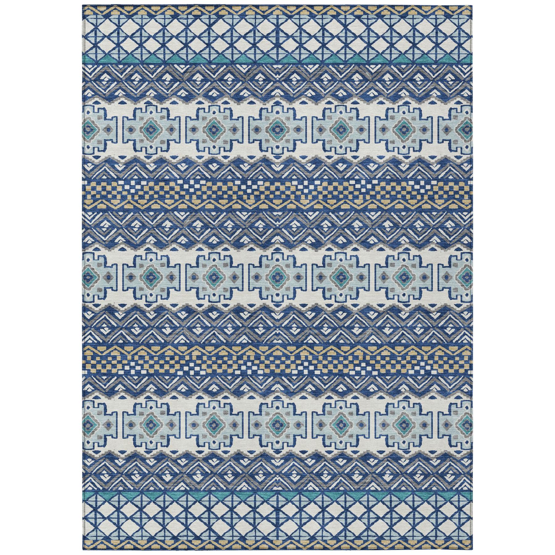 5' X 8' Blue And Gray Striped Washable Indoor Outdoor Area Rug Homeroots Outdoor