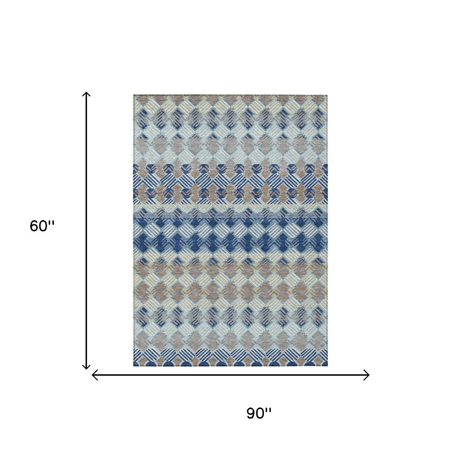 5' X 8' Blue And Gray Striped Washable Indoor Outdoor Area Rug Homeroots Outdoor