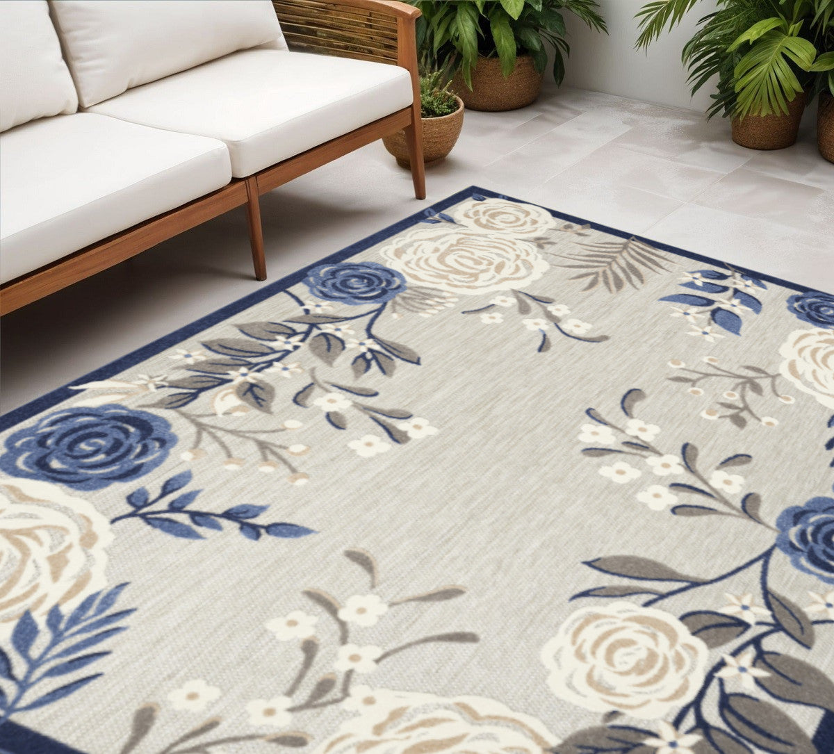 5' X 8' Blue And Grey Floral Stain Resistant Non Skid Area Rug Homeroots Outdoor