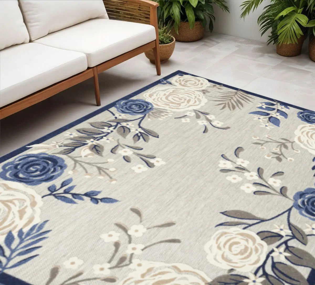 5' X 8' Blue And Grey Floral Stain Resistant Non Skid Area Rug Homeroots Outdoor