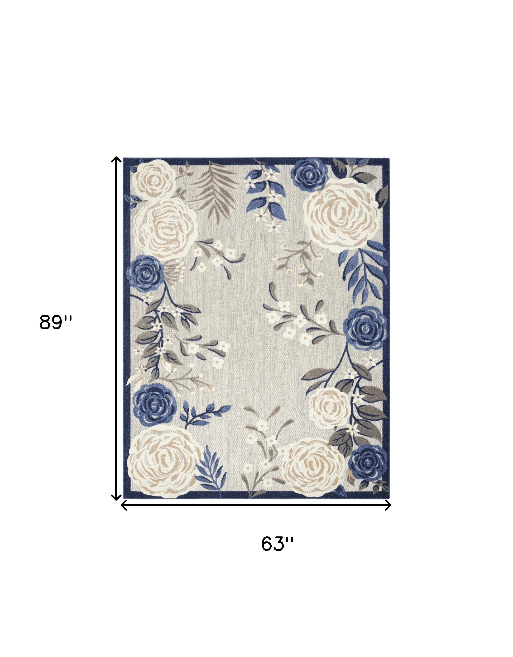 5' X 8' Blue And Grey Floral Stain Resistant Non Skid Area Rug Homeroots Outdoor