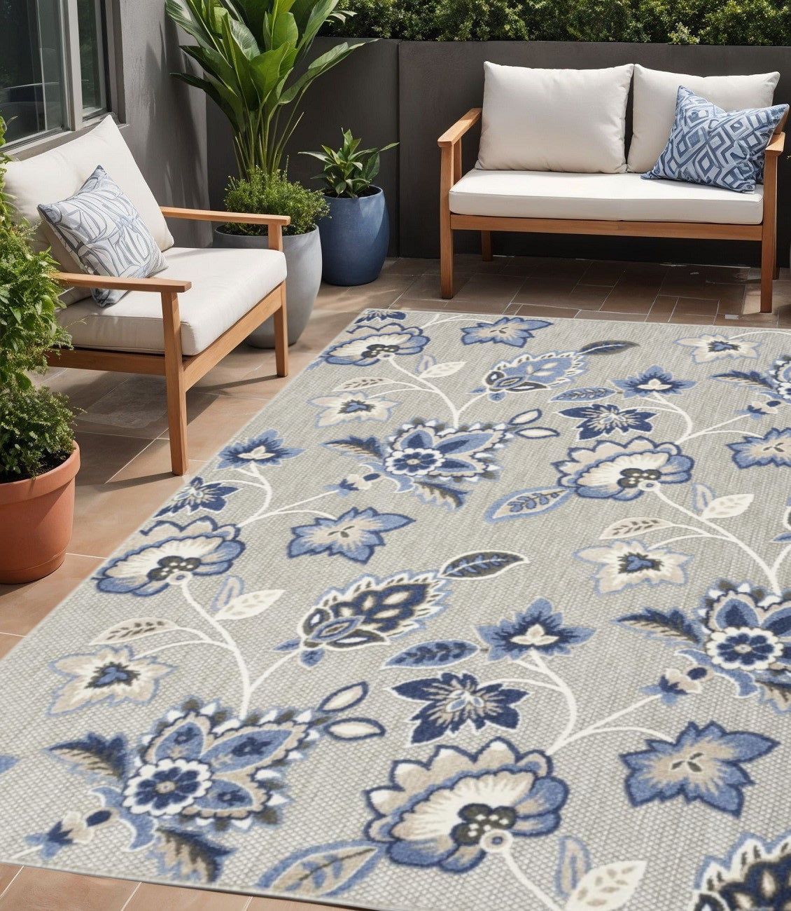 5' X 8' Blue And Grey Floral Stain Resistant Non Skid Area Rug Homeroots Outdoor