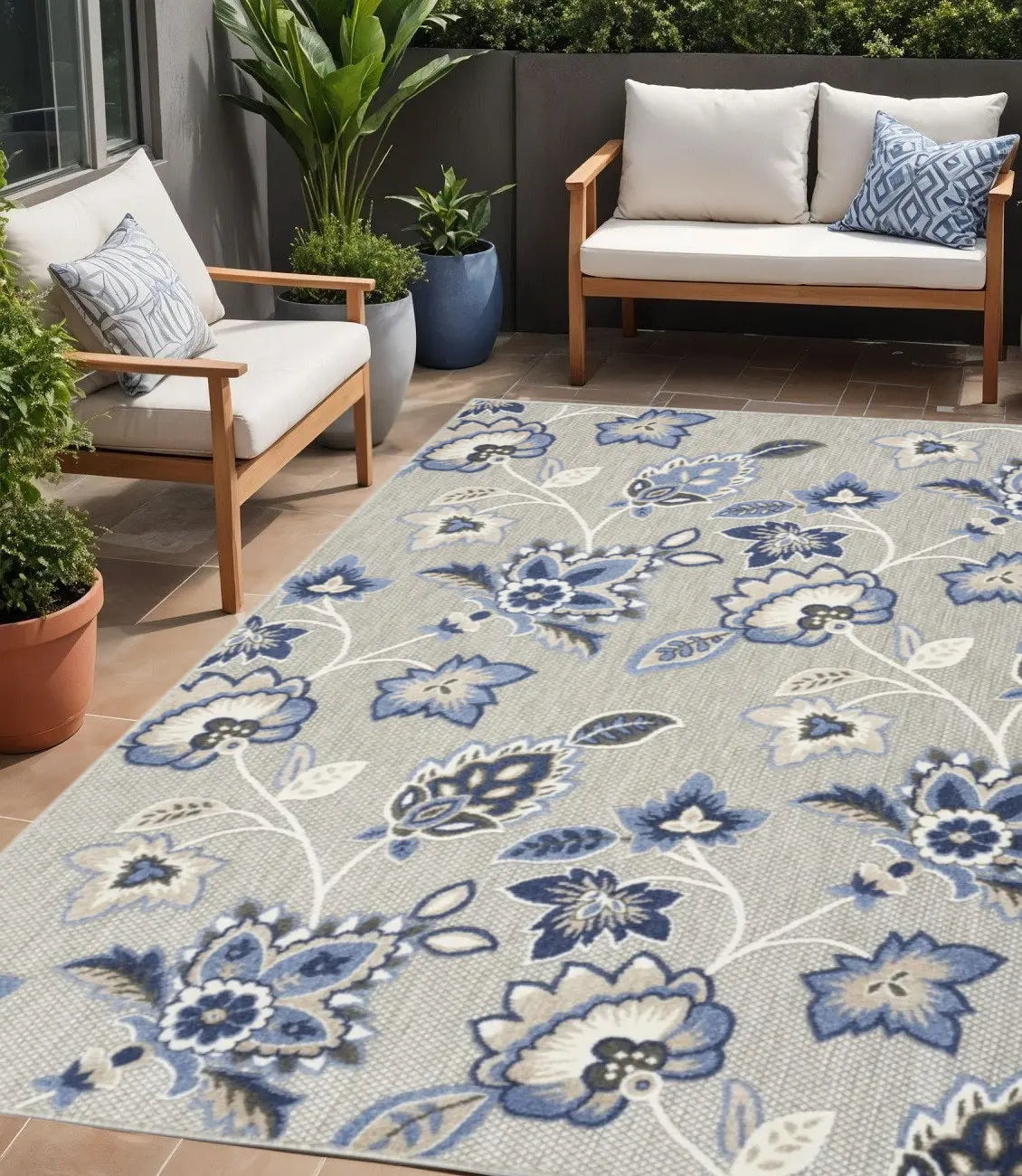 5' X 8' Blue And Grey Floral Stain Resistant Non Skid Area Rug Homeroots Outdoor