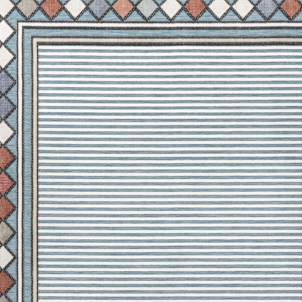 5' X 8' Blue And Ivory Geometric Indoor Outdoor Area Rug - GreatEagleInc