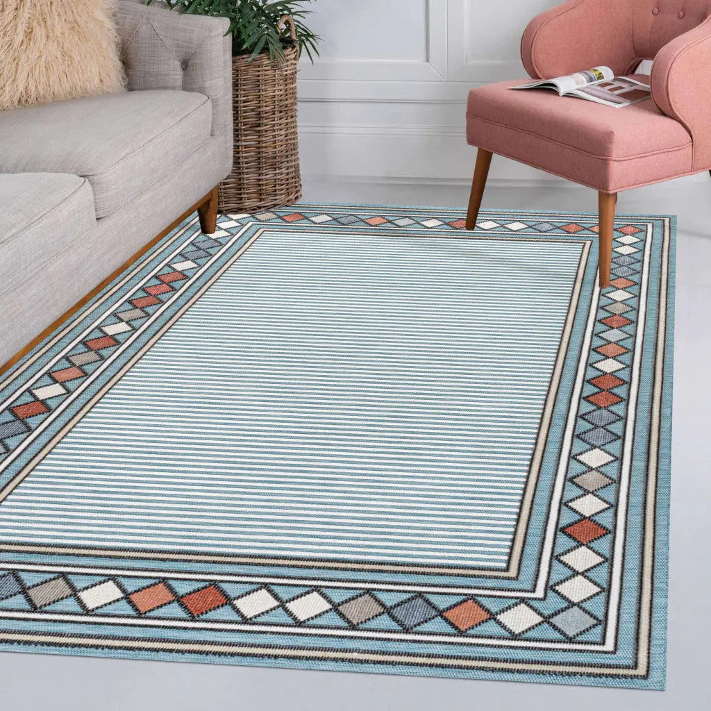 5' X 8' Blue And Ivory Geometric Indoor Outdoor Area Rug - GreatEagleInc