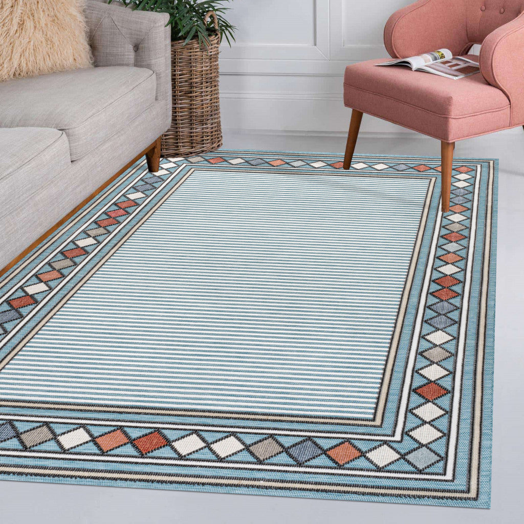 5' X 8' Blue And Ivory Geometric Indoor Outdoor Area Rug - GreatEagleInc