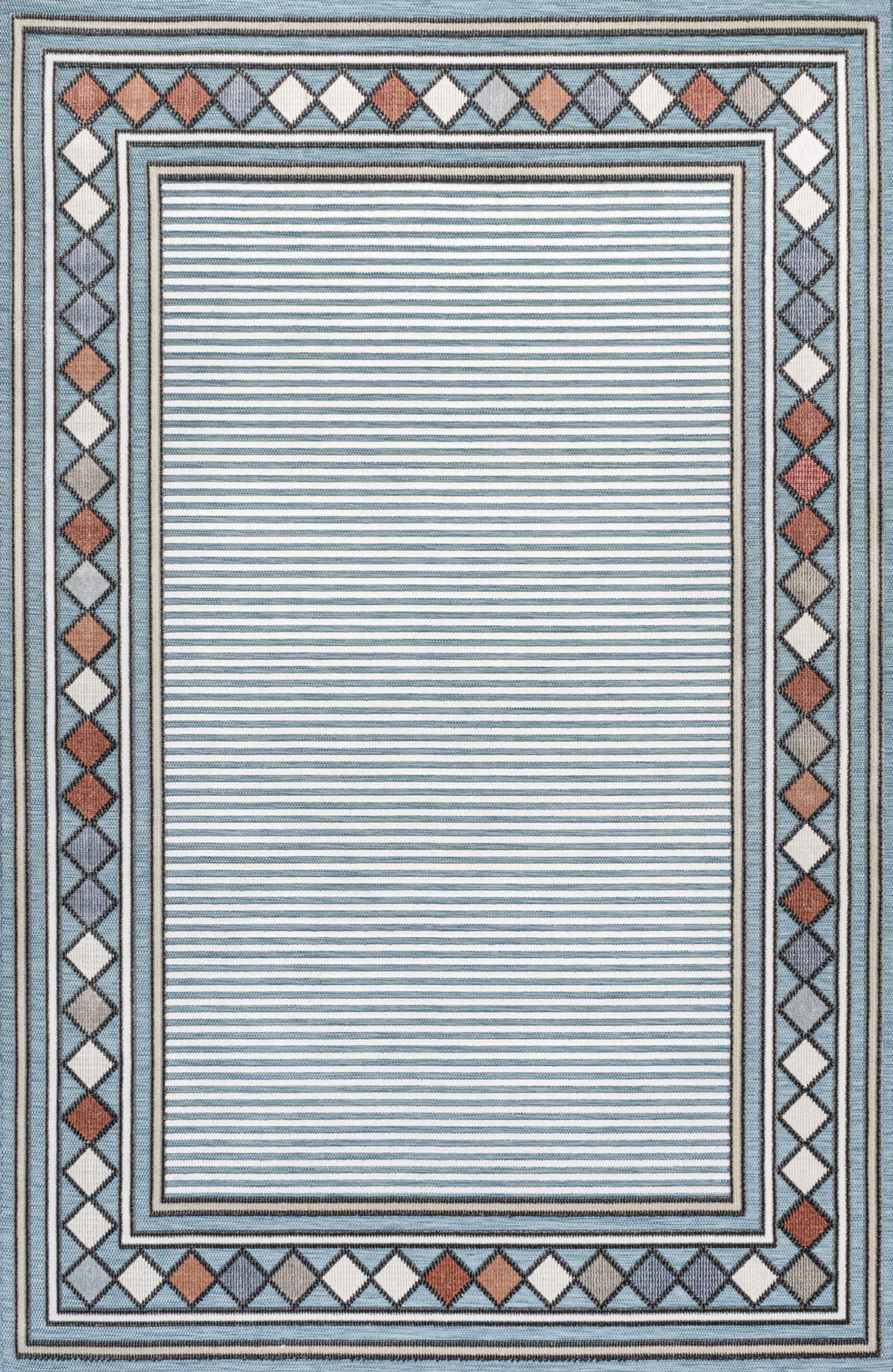 5' X 8' Blue And Ivory Geometric Indoor Outdoor Area Rug - GreatEagleInc