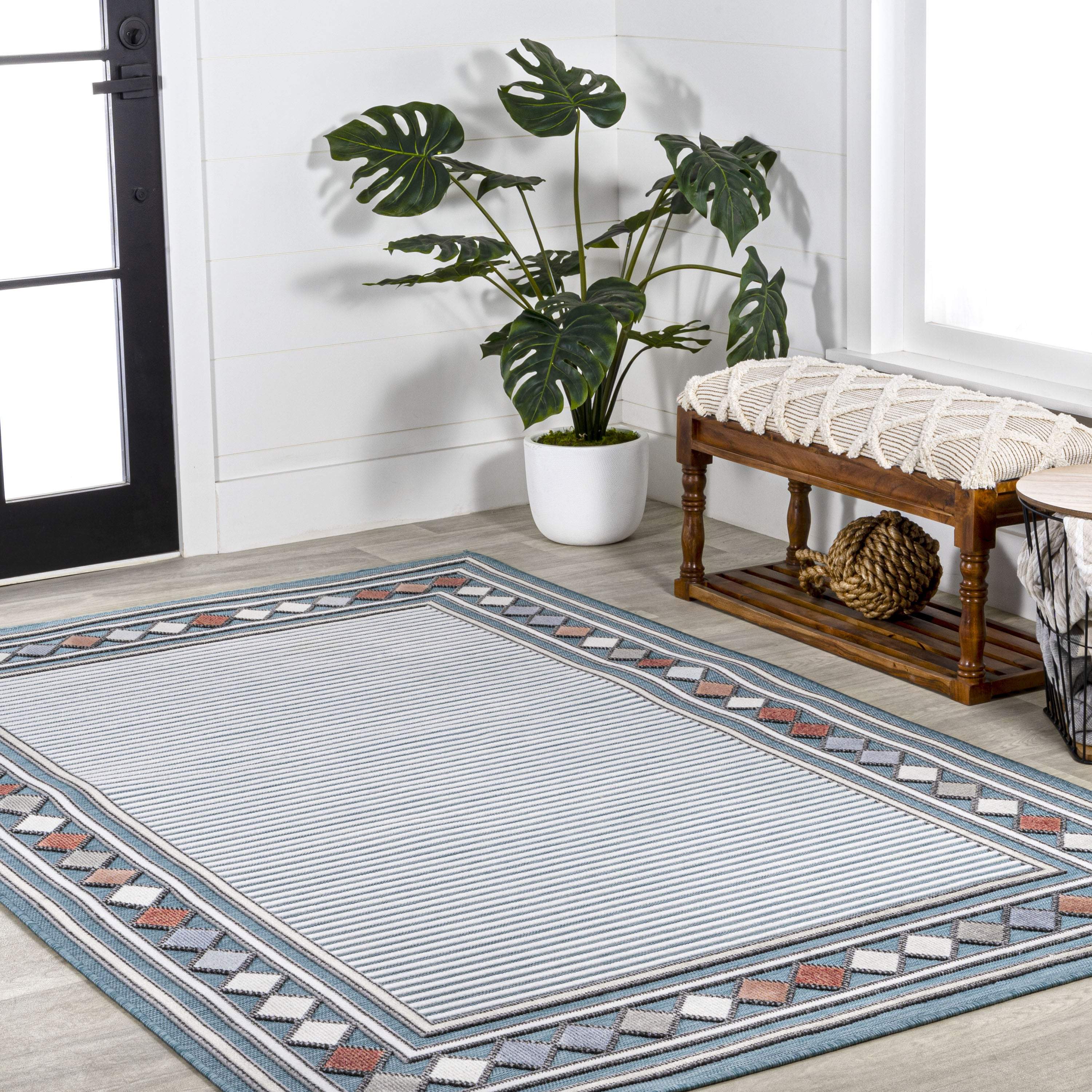 5' X 8' Blue And Ivory Geometric Indoor Outdoor Area Rug - GreatEagleInc