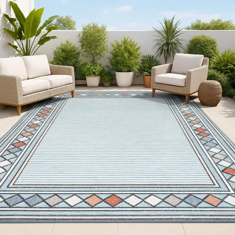 5' X 8' Blue And Ivory Geometric Indoor Outdoor Area Rug - GreatEagleInc