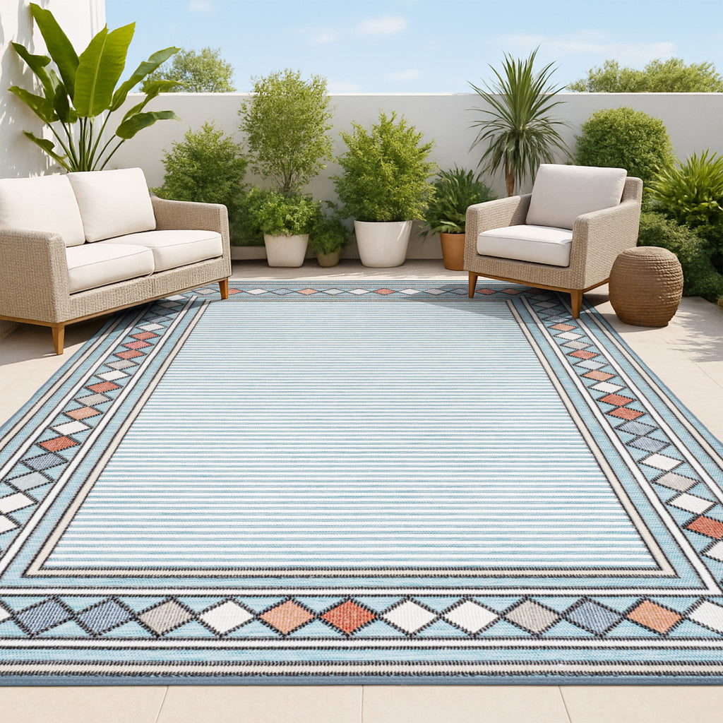 5' X 8' Blue And Ivory Geometric Indoor Outdoor Area Rug - GreatEagleInc