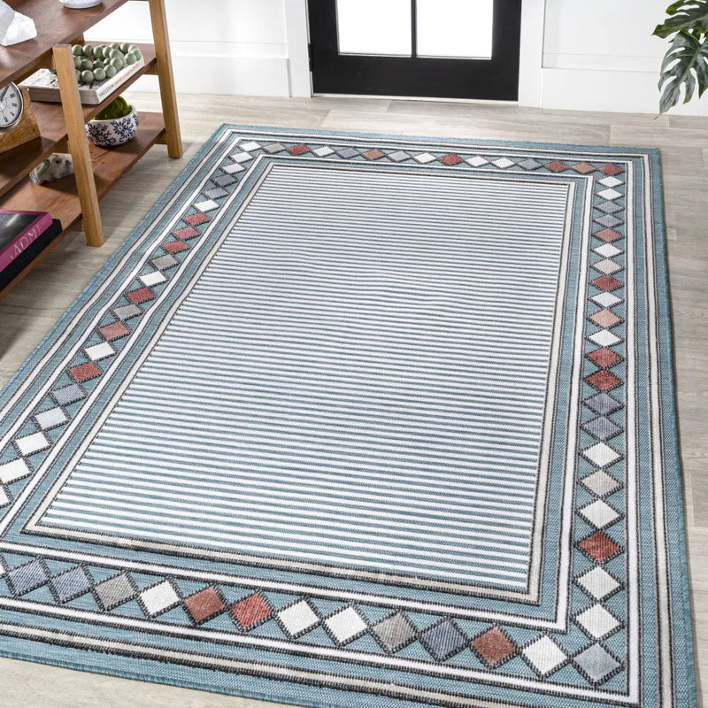 5' X 8' Blue And Ivory Geometric Indoor Outdoor Area Rug - GreatEagleInc