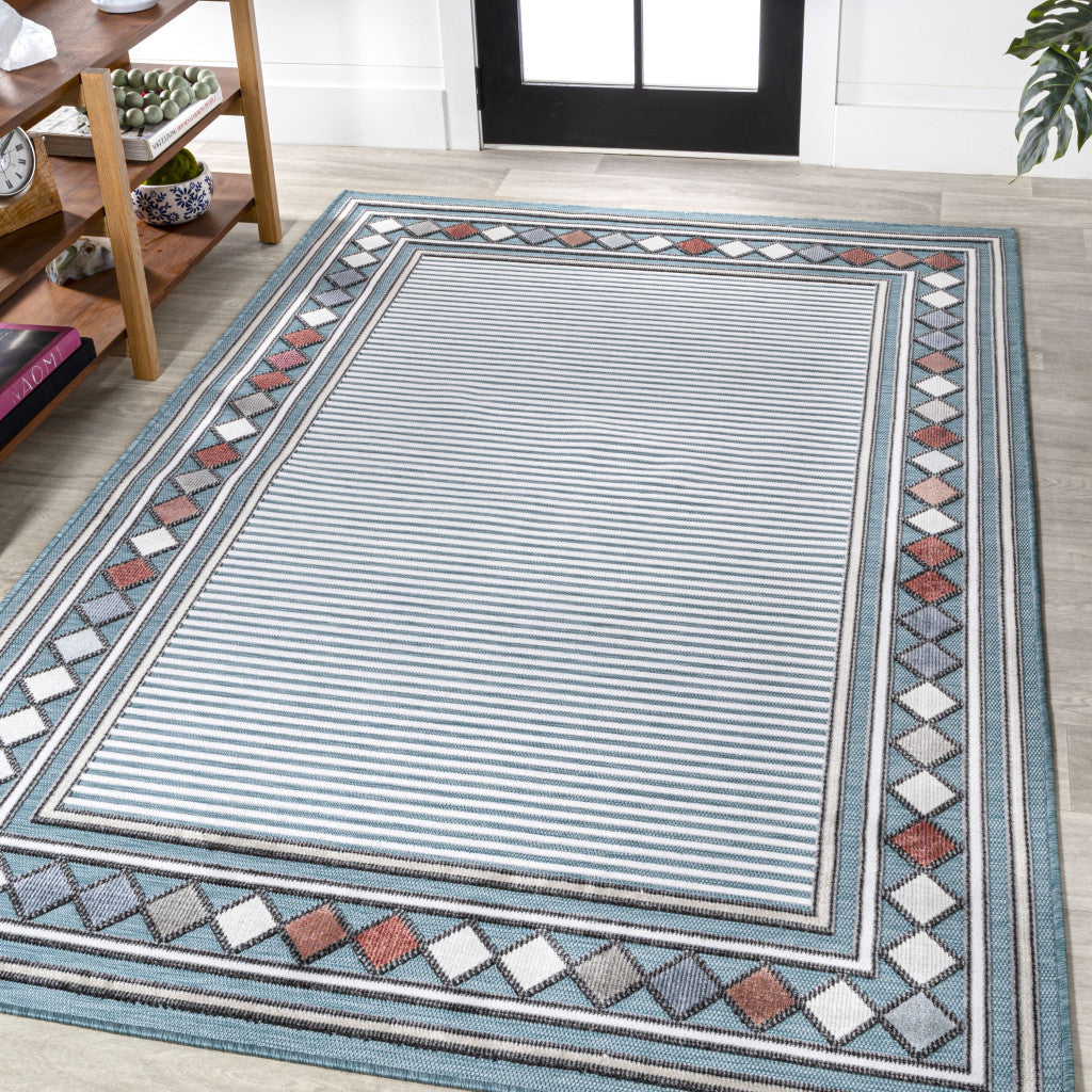 5' X 8' Blue And Ivory Geometric Indoor Outdoor Area Rug - GreatEagleInc