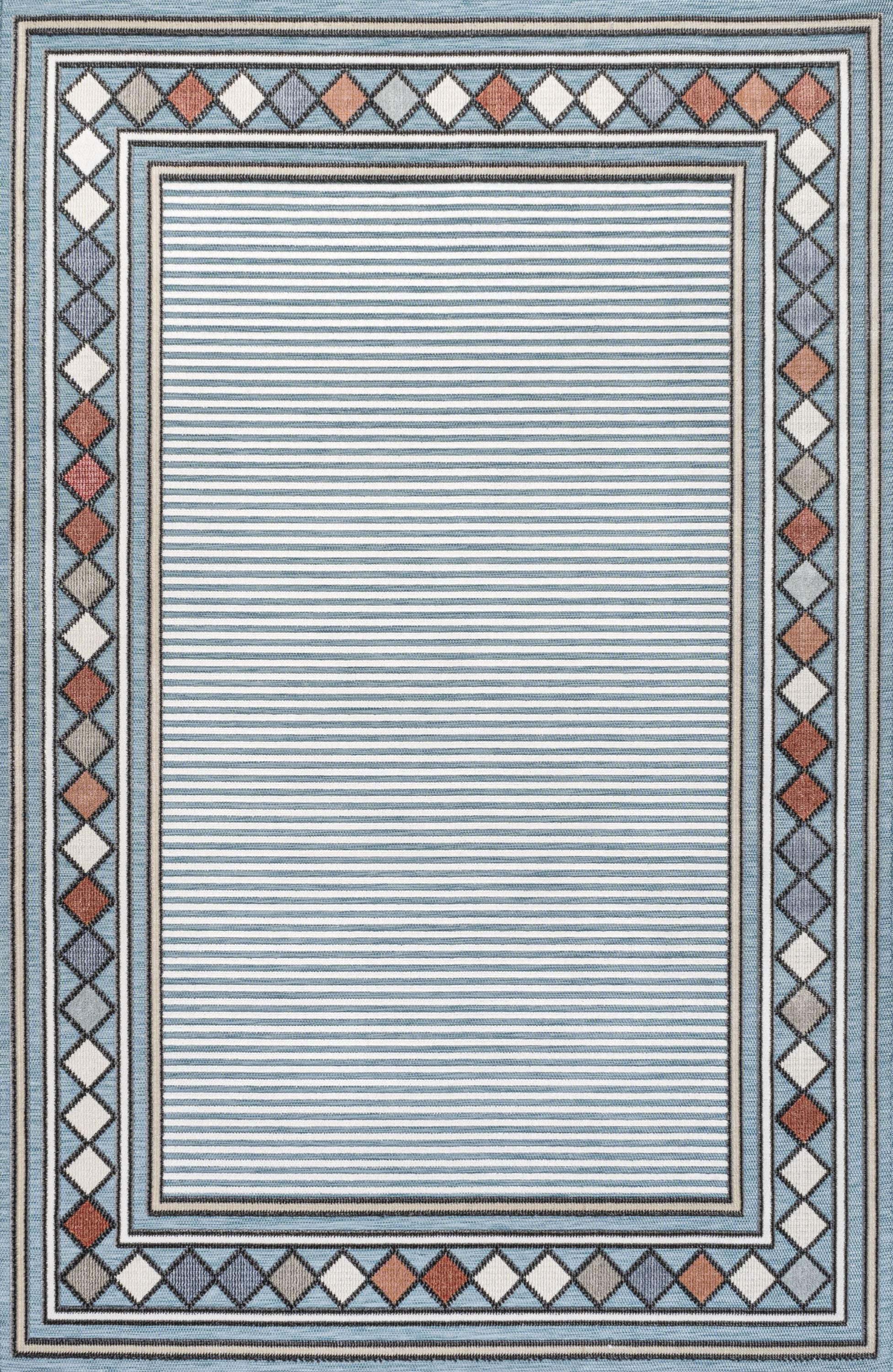 5' X 8' Blue And Ivory Geometric Indoor Outdoor Area Rug - GreatEagleInc