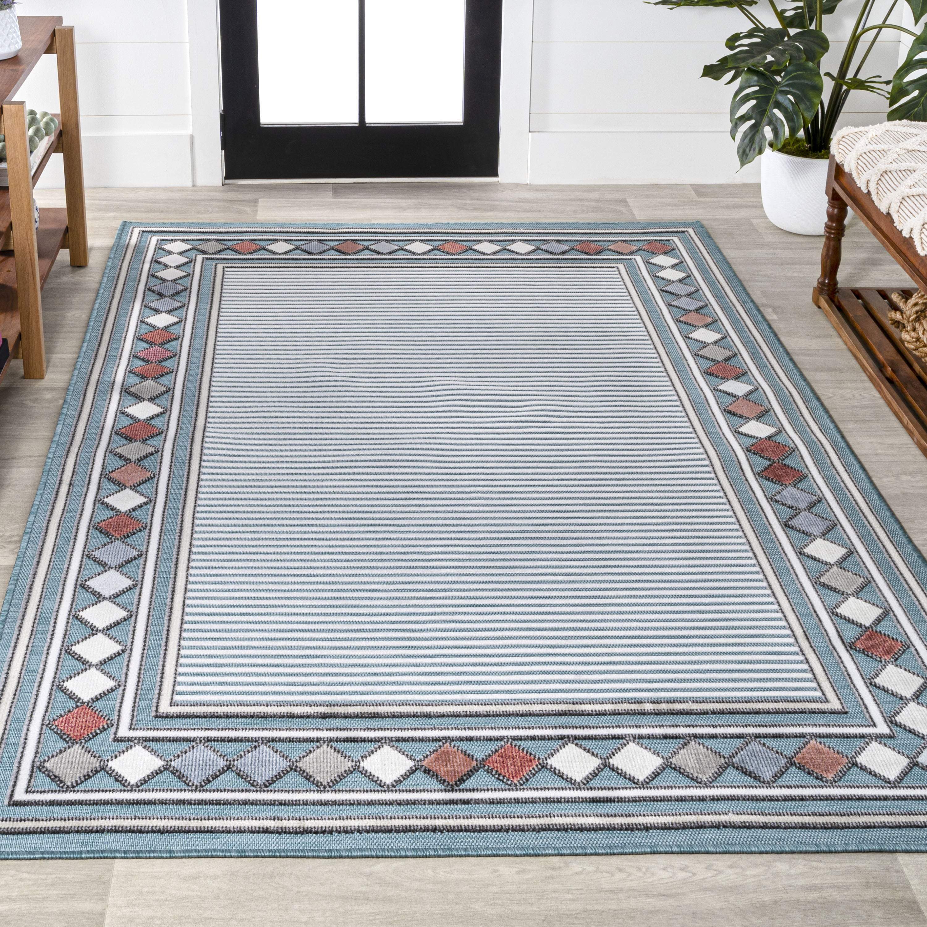 5' X 8' Blue And Ivory Geometric Indoor Outdoor Area Rug - GreatEagleInc