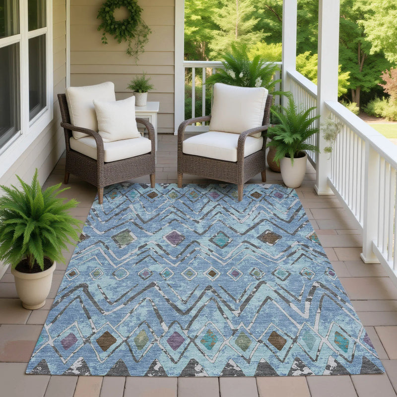 5' X 8' Blue And Khaki Geometric Washable Indoor Outdoor Area Rug Homeroots Outdoor