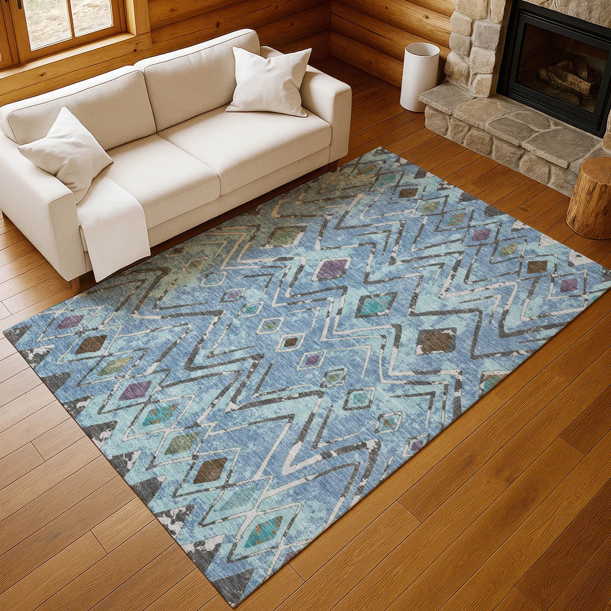 5' X 8' Blue And Khaki Geometric Washable Indoor Outdoor Area Rug Homeroots Outdoor