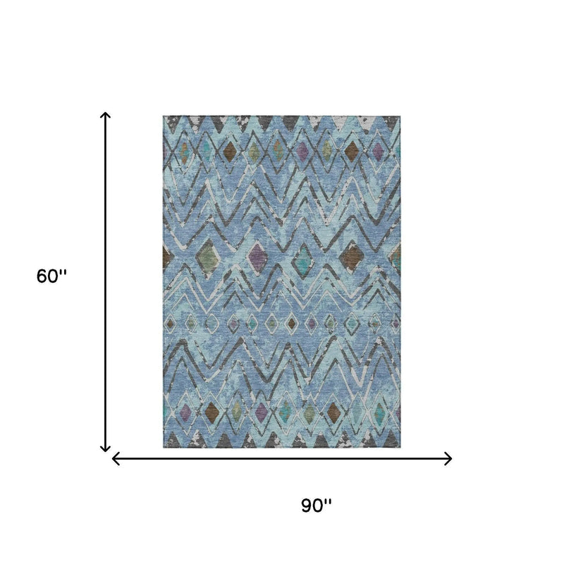 5' X 8' Blue And Khaki Geometric Washable Indoor Outdoor Area Rug Homeroots Outdoor