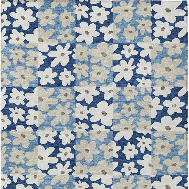 5' X 8' Blue And Navy Blue Floral Washable Indoor Outdoor Area Rug Homeroots Outdoor