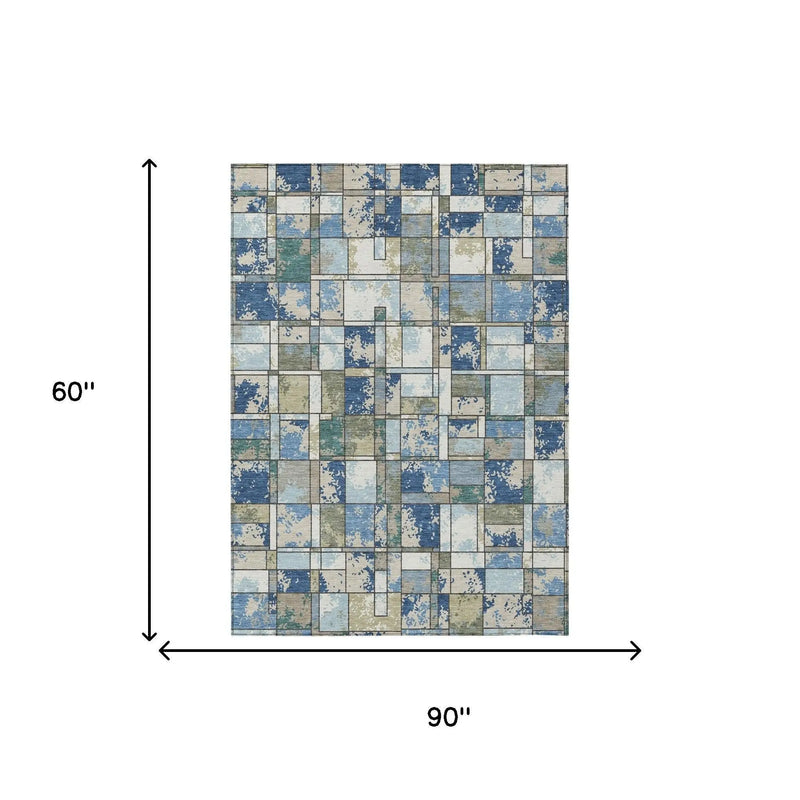 5' X 8' Blue And Navy Blue Geometric Washable Indoor Outdoor Area Rug Homeroots Outdoor
