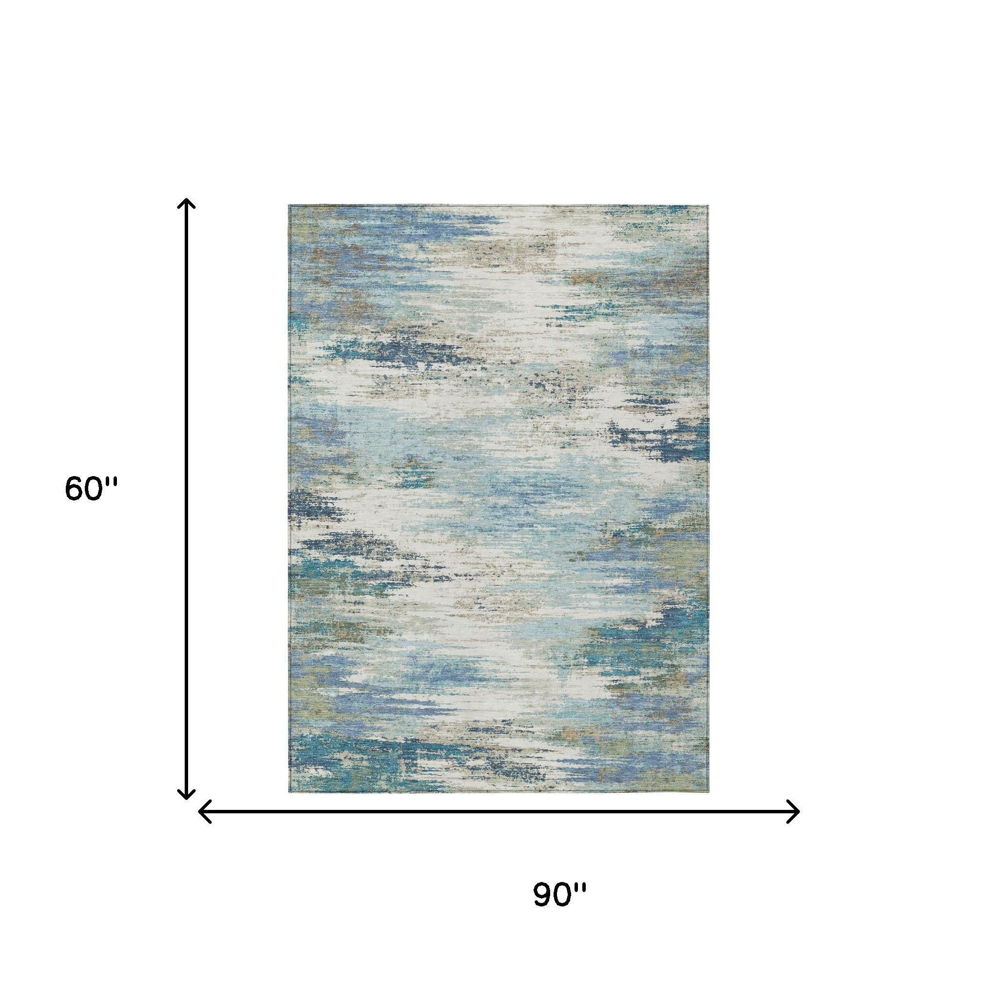 5' X 8' Blue And Pewter Abstract Washable Indoor Outdoor Area Rug Homeroots Outdoor