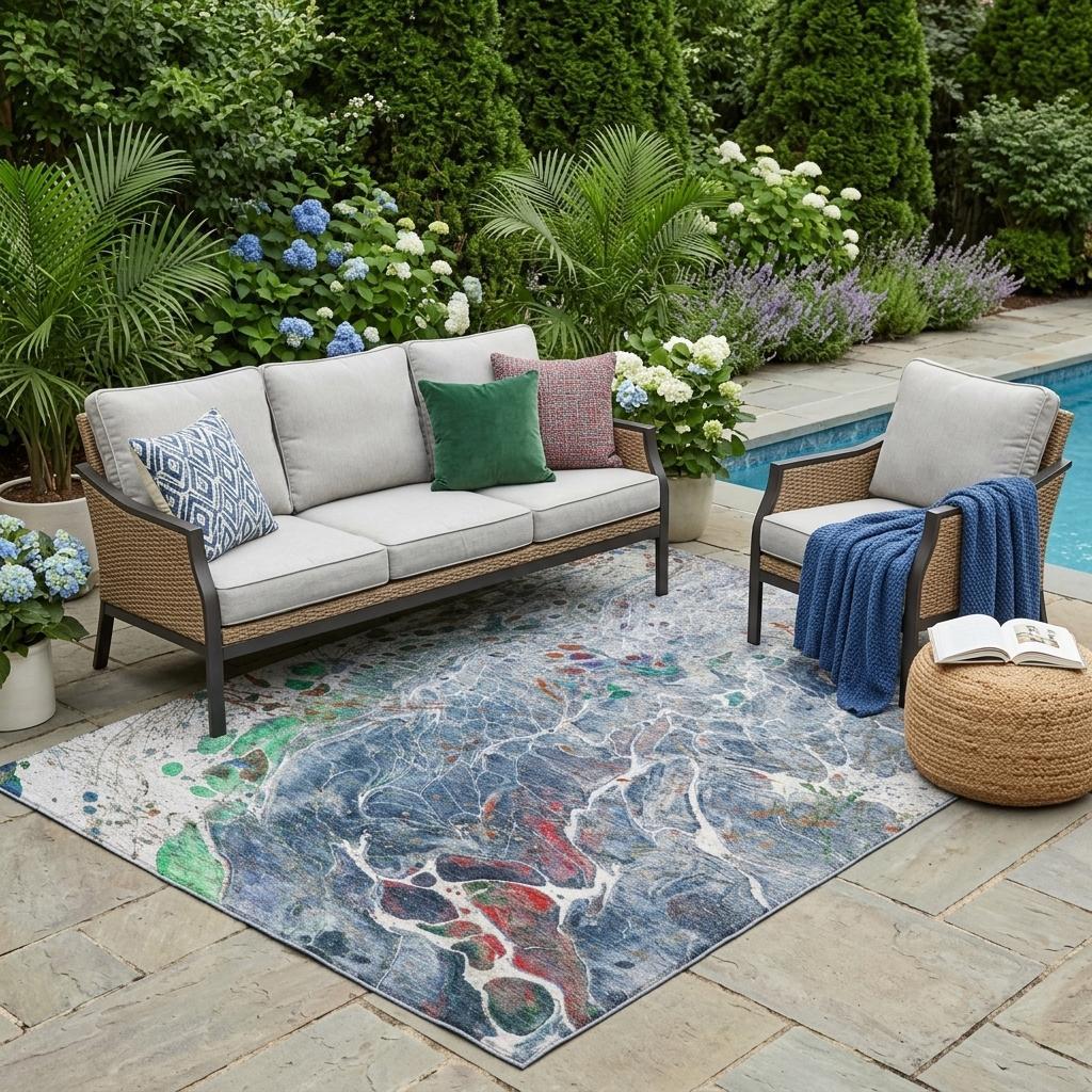 5' X 8' Blue And Pewter Abstract Washable Indoor Outdoor Area Rug Homeroots Outdoor