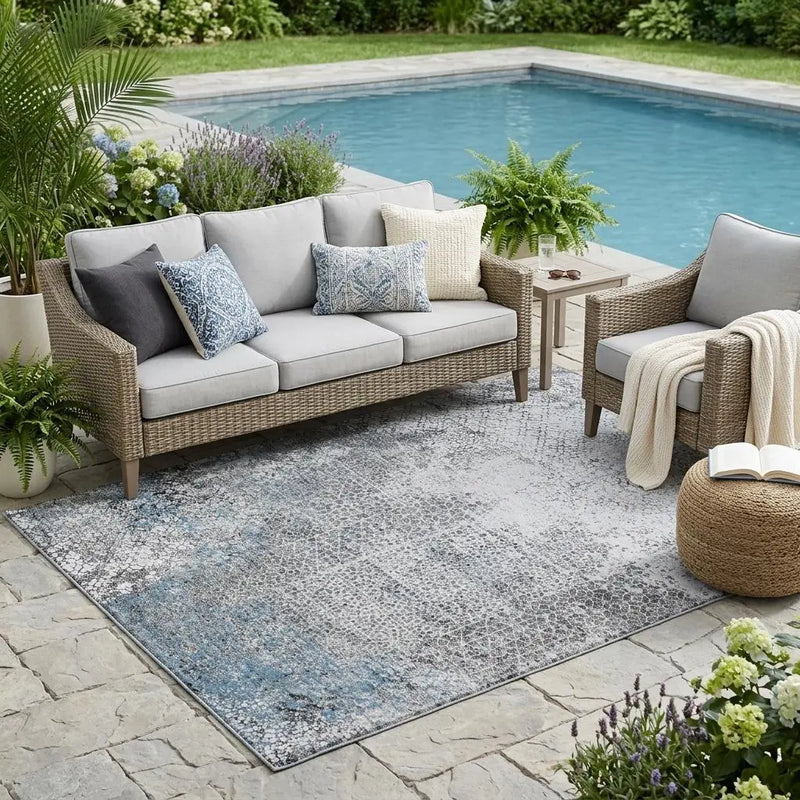 5' X 8' Blue And Pewter Abstract Washable Indoor Outdoor Area Rug Homeroots Outdoor