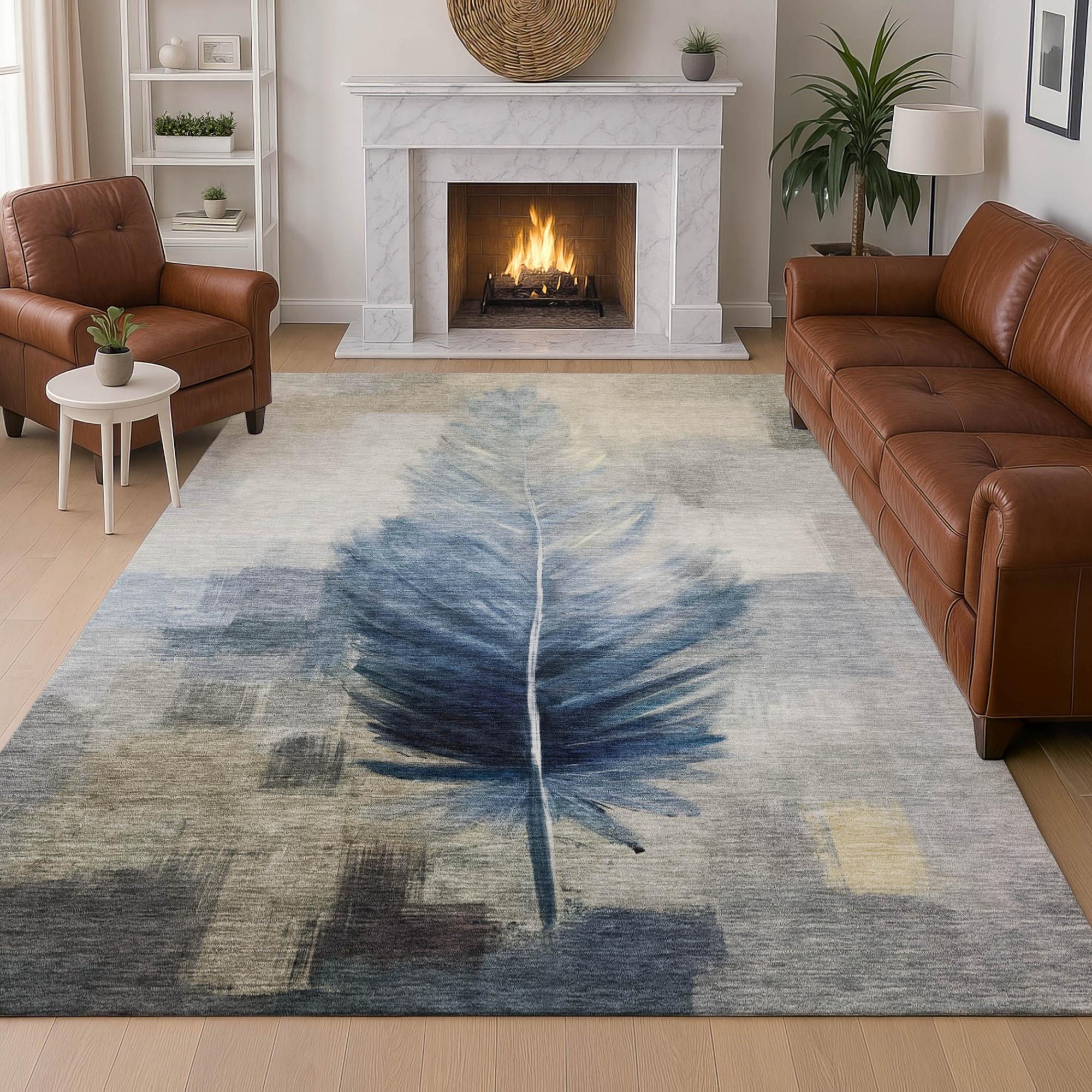 5' X 8' Blue And Pewter Botanical Leaves Washable Indoor Outdoor Area Rug Homeroots Outdoor
