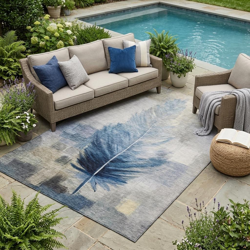 5' X 8' Blue And Pewter Botanical Leaves Washable Indoor Outdoor Area Rug Homeroots Outdoor