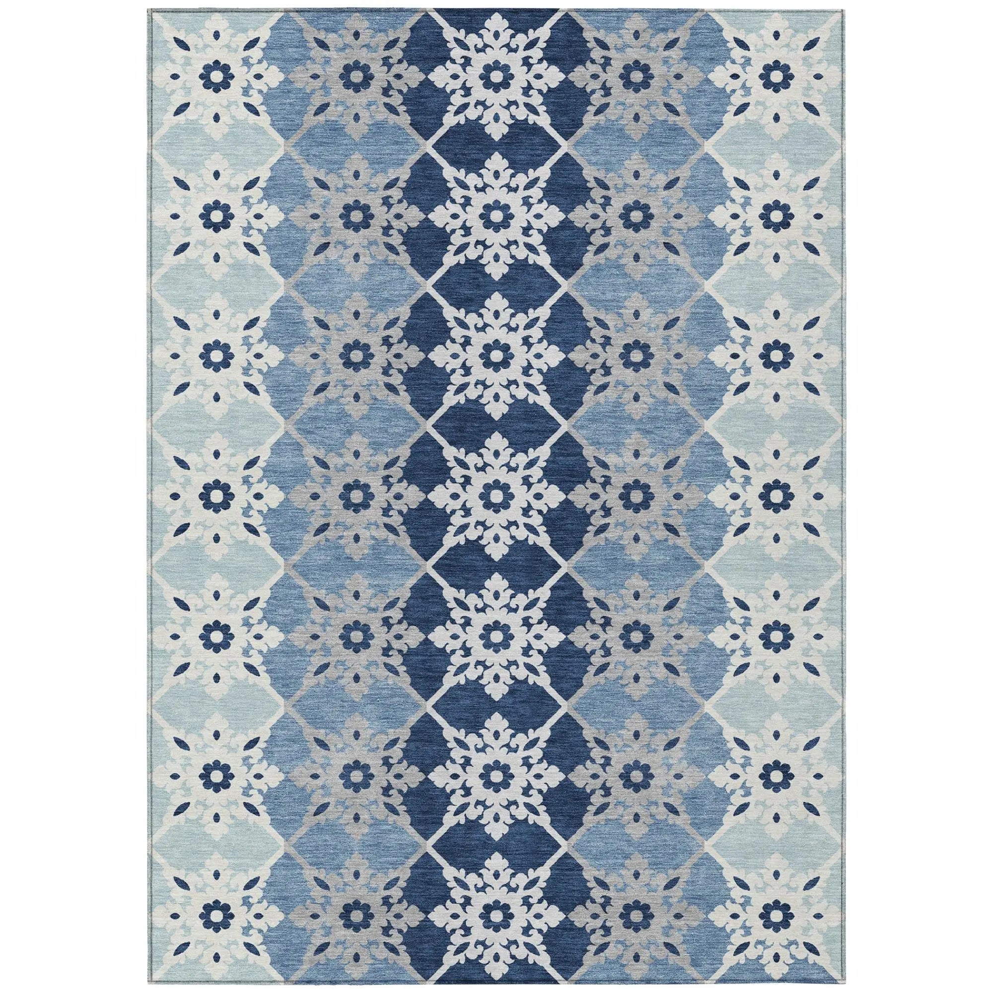 5' X 8' Blue And Pewter Floral Medallion Washable Indoor Outdoor Area Rug Homeroots Outdoor