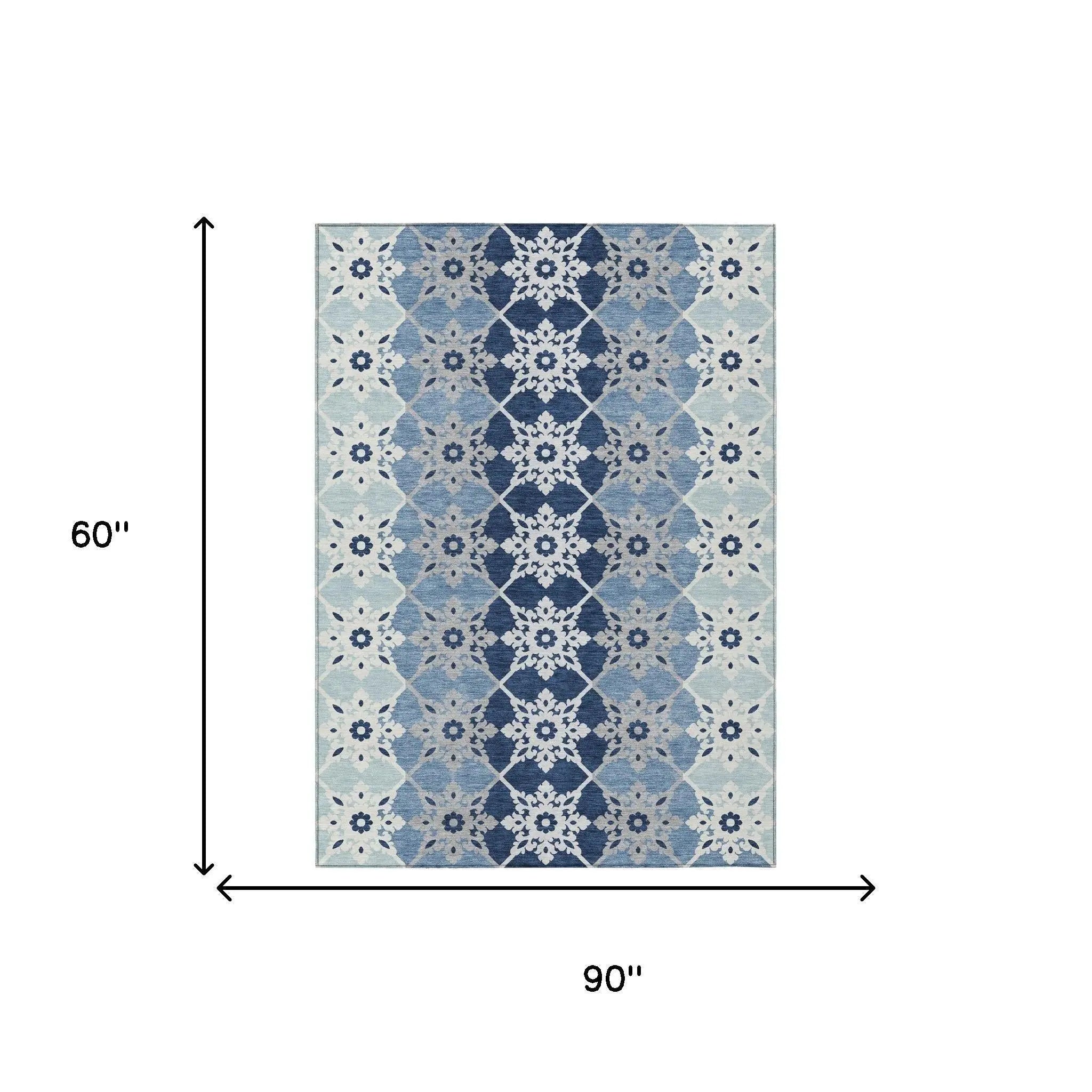 5' X 8' Blue And Pewter Floral Medallion Washable Indoor Outdoor Area Rug Homeroots Outdoor