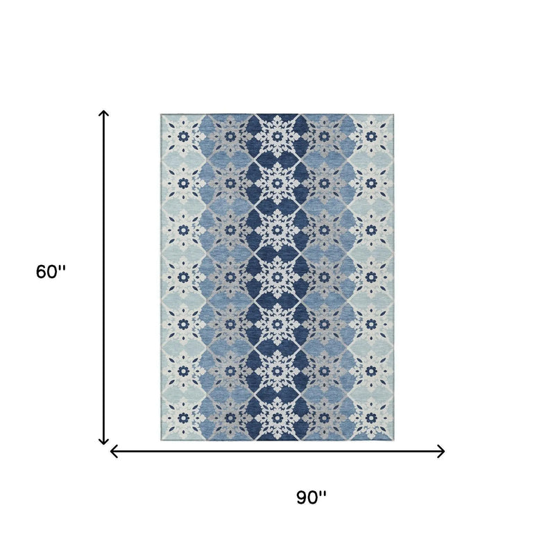 5' X 8' Blue And Pewter Floral Medallion Washable Indoor Outdoor Area Rug Homeroots Outdoor